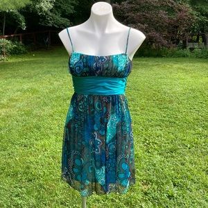 Chocolate and teal over aqua liner satin waist band tie back floral dress size S